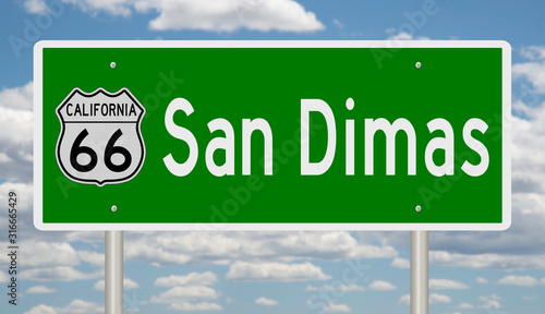 Rendering of a green 3d highway sign for San Dimas California on Route 66 photo