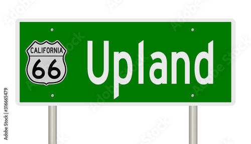 Rendering of a green 3d highway sign for Upland California on Route 66 photo