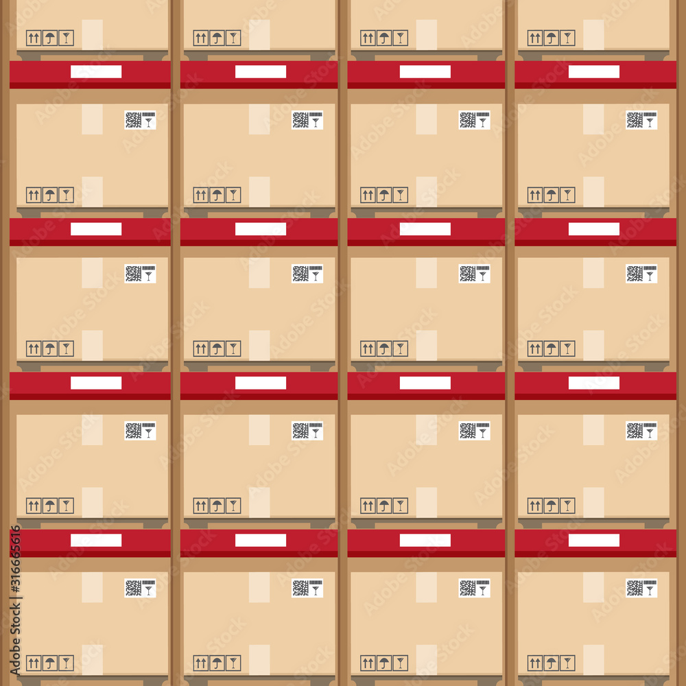 Rows of shelves with goods boxes in warehouse store for import export shopping concept Rows of shelves with goods boxes in warehouse store for import export shopping concept
