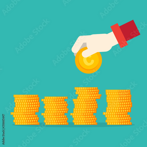 Saving money concept preset by Male hand putting money coin stack growing business
