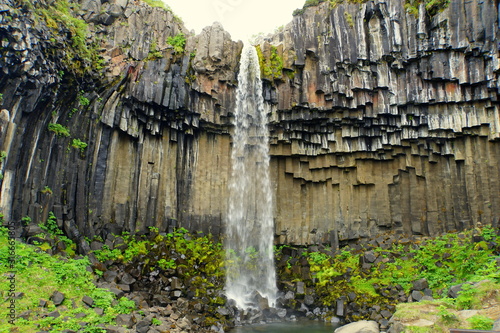 Beautiful view of Svartifoss waterfalls and its amazing rock formations near Skaftafell in South Iceland in the summer