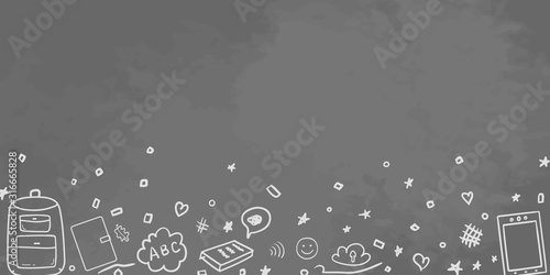 Back to school. Abstract blackboard. Background with school supplies. Elements are drawn in a linear style