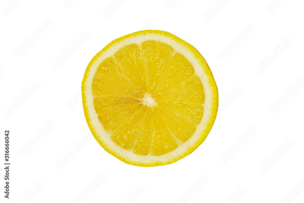 Fresh yellow lemons cut in half on a white background.