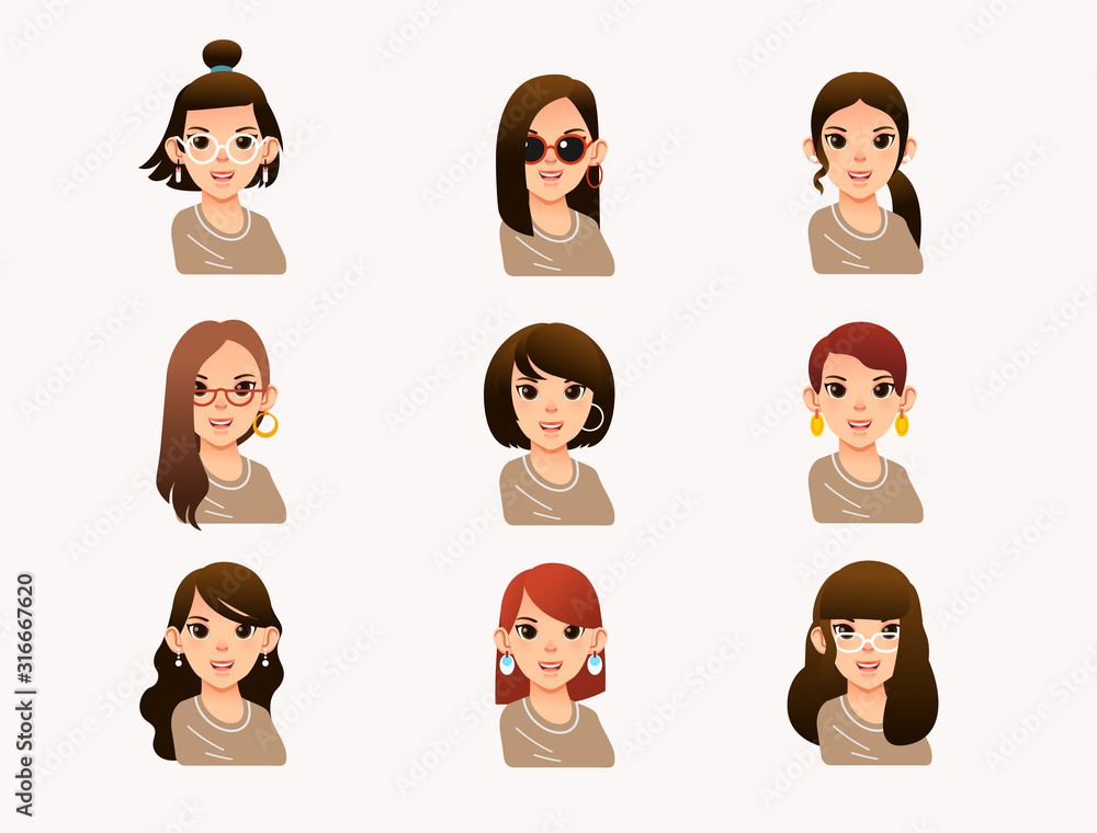 collection of young woman with different modern hair style, long hair,  short hair, curly, salon hairstyle and haircut vector illustration Stock  Vector | Adobe Stock