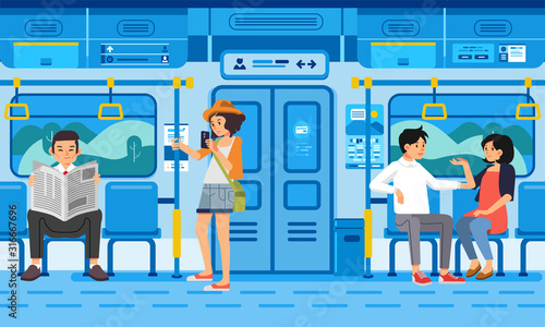 isometric illustration of people passangers in train modern public transport, with countryside landscape out the window