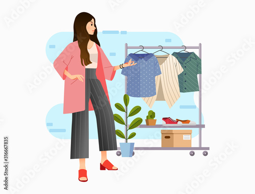 modern stylish young women choosing blouse in wardrobe vector illustration