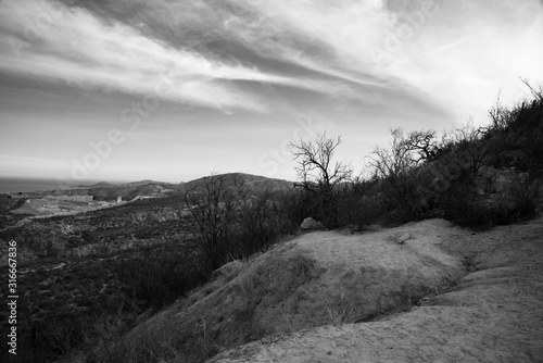 black and white panoramic view from "Cerro de la Chiva" Hill at Los Cabos Mexico 