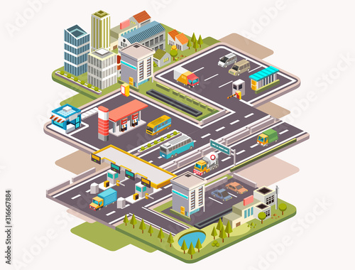 isometric vector illustration of cityscape with gas station  parking area or rest area and higway gate