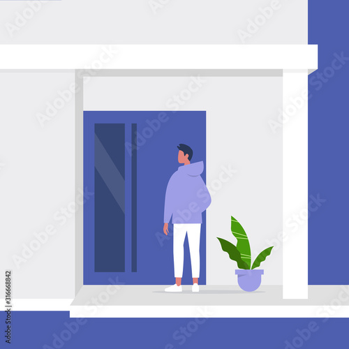 Young male character standing next to a front door, building entrance, residential property