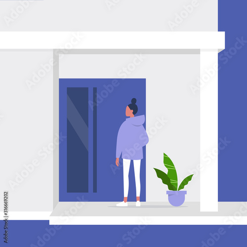 Young female character standing next to a front door, building entrance, residential property