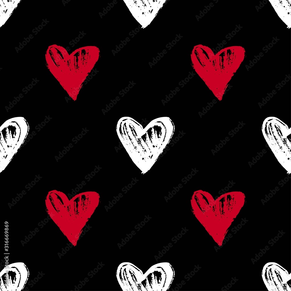 Heart background. Valentines day seamless pattern with white and red hand drawn hearts as symbol for love. Cute vintage design. Vector
