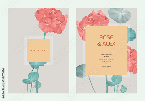 Floral wedding invitation card template design, red Pelargonium zonale flowers with leaves on light brown