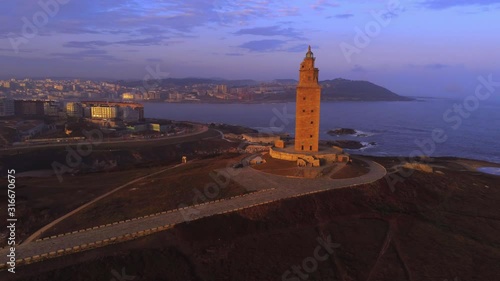 The Tower of Hercules. Ancient Roman lighthouse in A Coruña, Galicia.Spain. Aerial footage