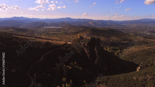 Landscape with Cornatel castle. Aerial flying photo