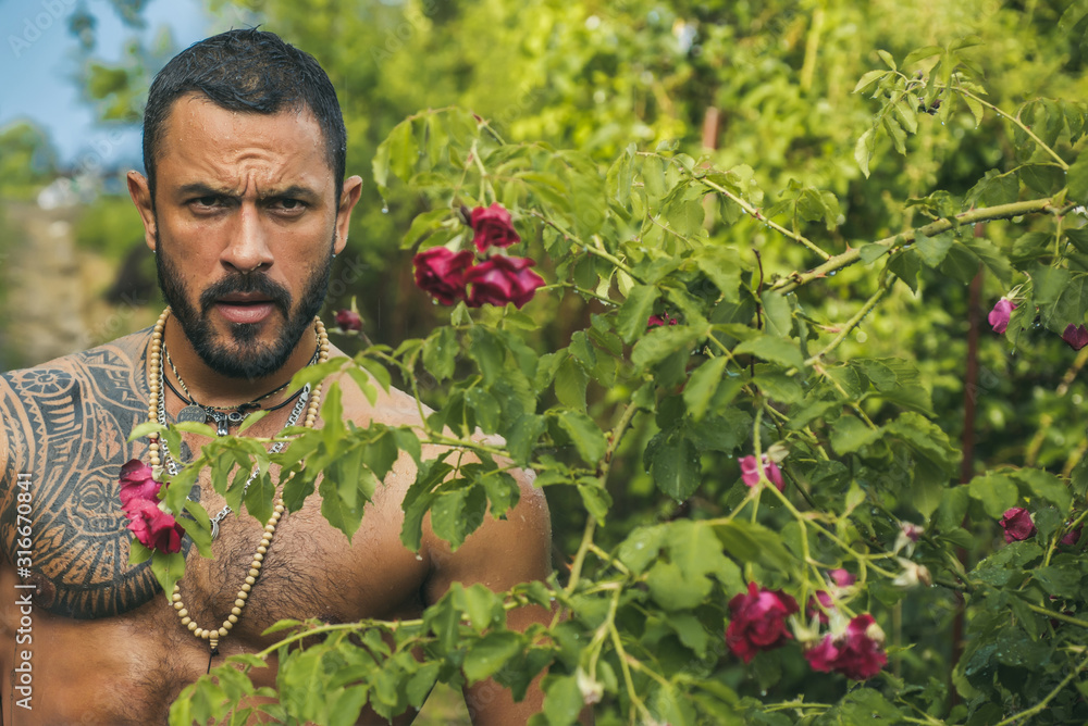 Brutal bearded tattooed man standing behind wet roses outside. After the  rain. Portrait of handsome strong muscular man with dramatic face with  beautiful red roses. Stock Photo | Adobe Stock