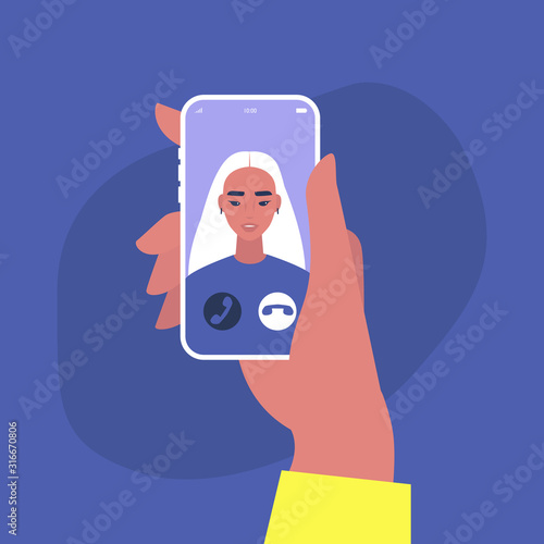 Incoming video call, A portrait of a young asian female character on a mobile phone screen, Millennial lifestyle