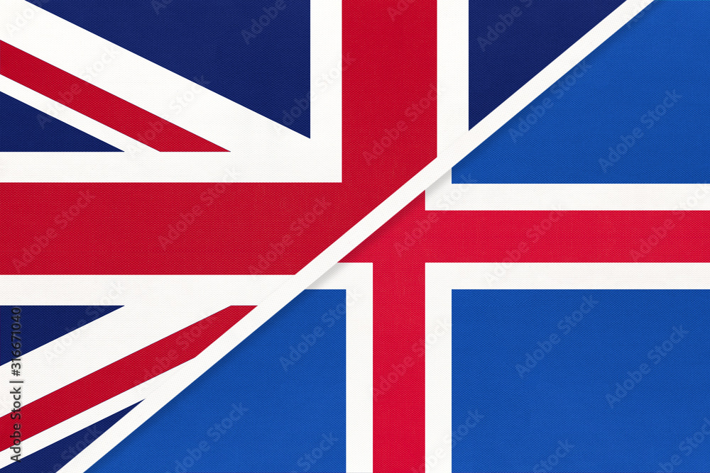 United Kingdom vs Iceland national flag from textile. Relationship between two european countries. United Kingdom vs Iceland national flag from textile. Relationship between two european countries.
