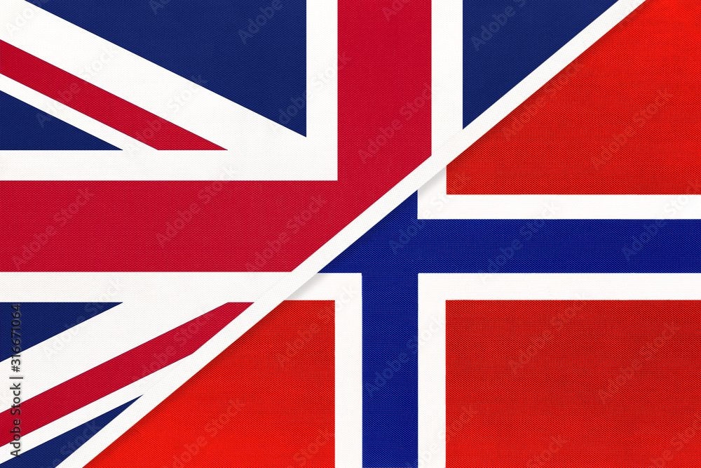 United Kingdom vs Norway national flag from textile. Relationship between two european countries. United Kingdom vs Norway national flag from textile. Relationship between two european countries.