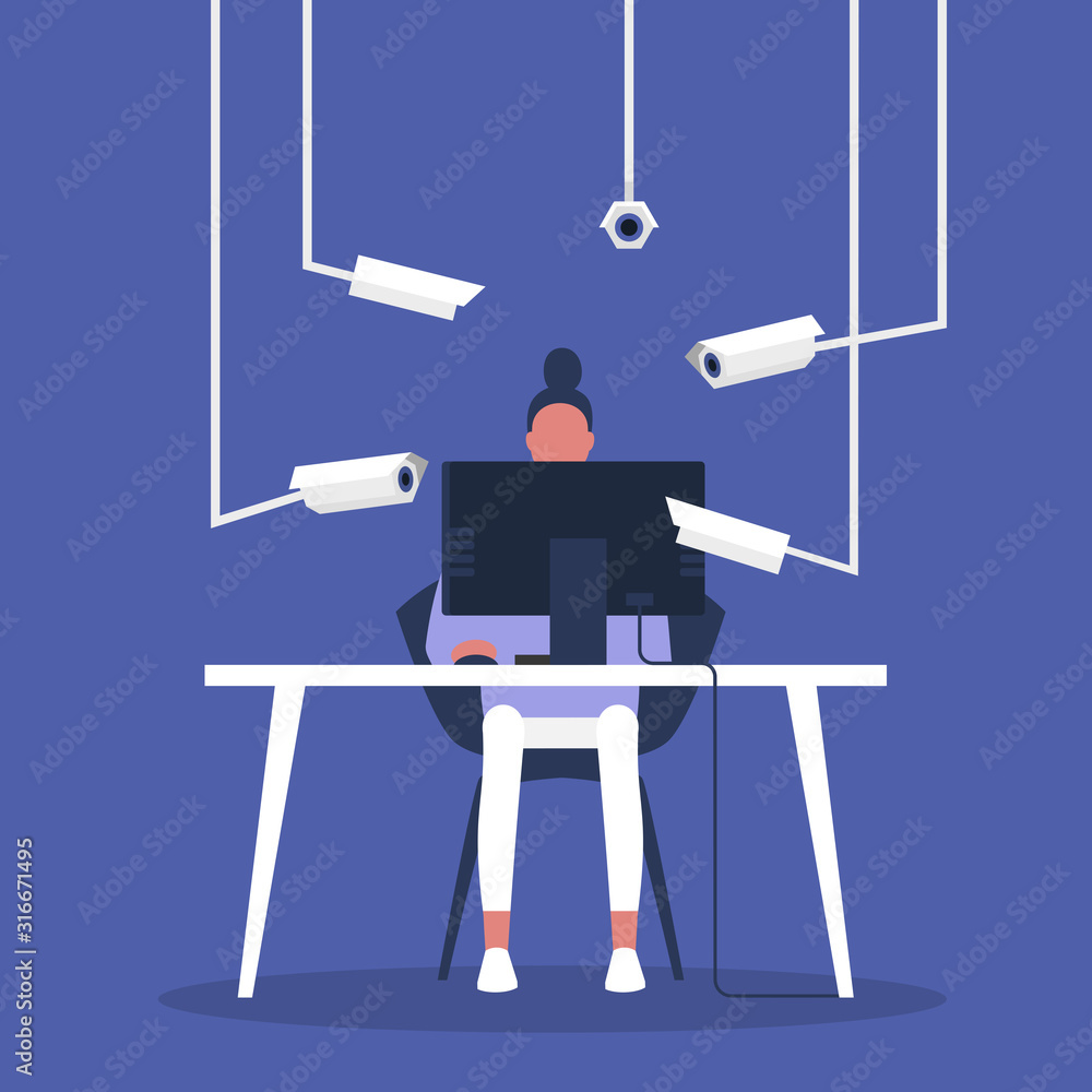 Surveillance, Young female character surrounded by CCTV cameras, Spying