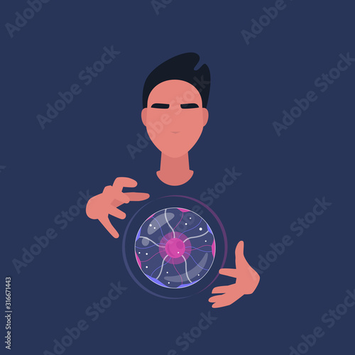 Witchcraft and future prediction, young male fortune teller holding a magical crystal ball, spiritual experience