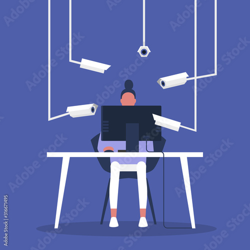 Surveillance, Young female character surrounded by CCTV cameras, Spying technologies, invasion of privacy, Social issues