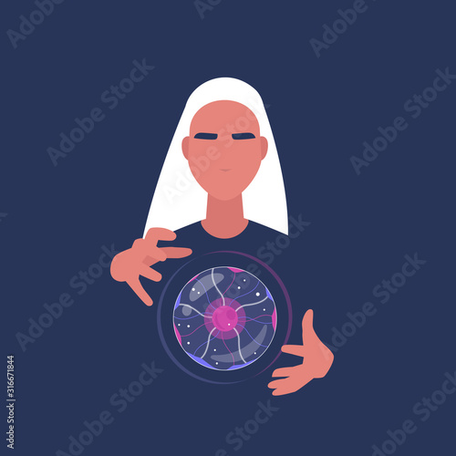 Witchcraft and future prediction, young female fortune teller holding a magical crystal ball, spiritual experience