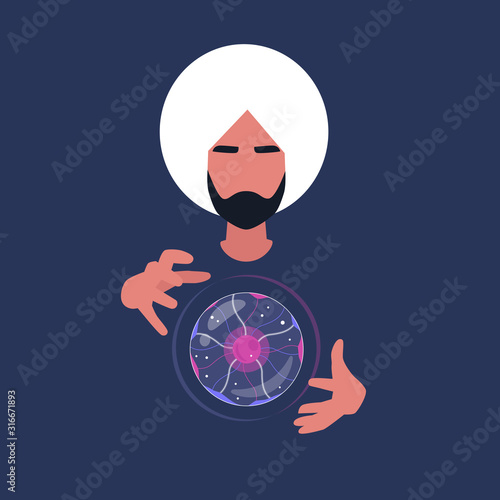 Witchcraft and future prediction, young indian male fortune teller holding a magical crystal ball, spiritual experience