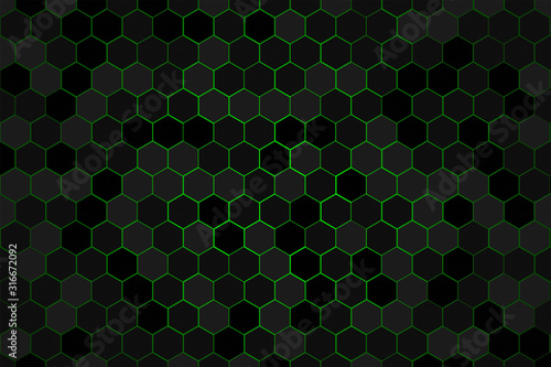 Honeycomb or Honey Grid tile random background or Hexagonal cell texture. in color black dark or gray or grey with difference border space. And vignette dark green border shadow. With 4k resolution.