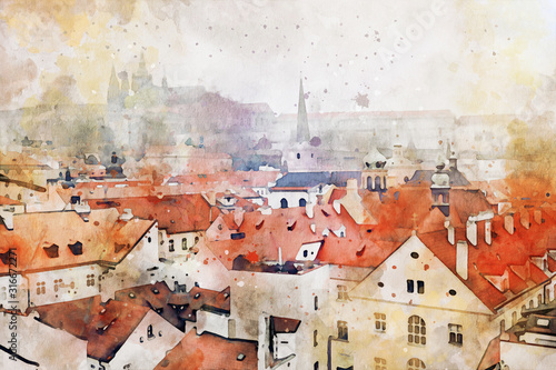 Photography watercolor style and abstract illustration of Prague old houses tile roofs, castle and cathedral