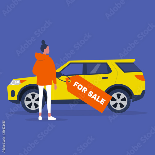 Car for sale, a young female character buying a vehicle, suv