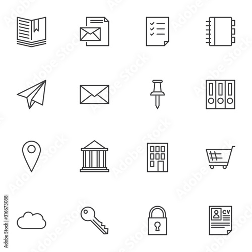 Office paperwork line icons set. linear style symbols collection, outline signs pack. vector graphics. Set includes icons as document file, notebook, envelope message, push pin, file folders, lock key