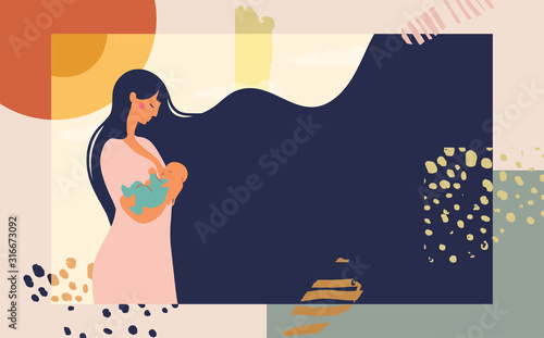 Poster mother feeds the baby with breast milk. Modern collage on abstract background. Bright conceptual flat illustration about motherhood and pregnancy. Website template, web page and landing page