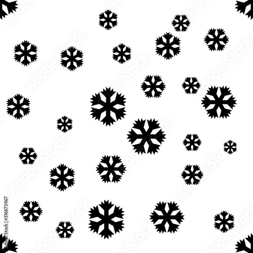 Black snowflakes sign vector repeat pattern on white background.