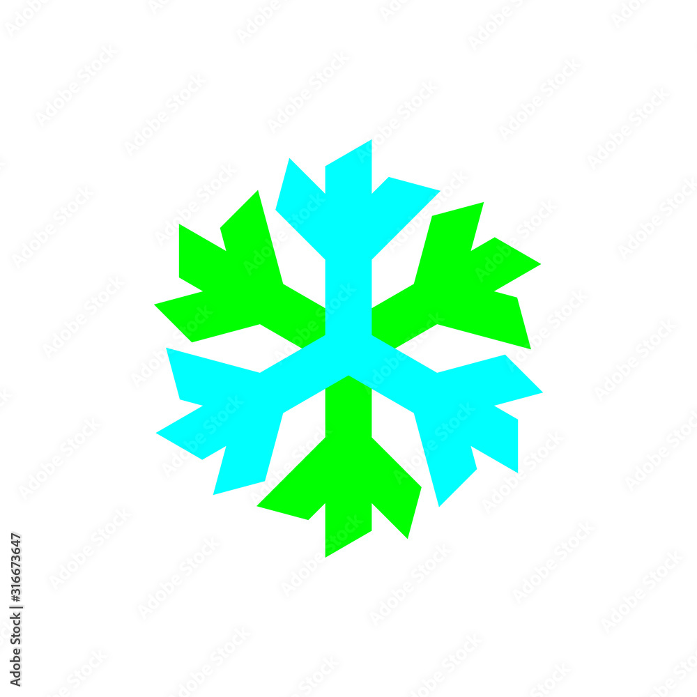 Blue and green snowflake sign vector on white background. Blue and green snowflake sign vector on white background.