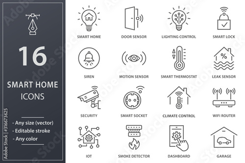 Smart home line icons set. Black vector illustration. Editable stroke.