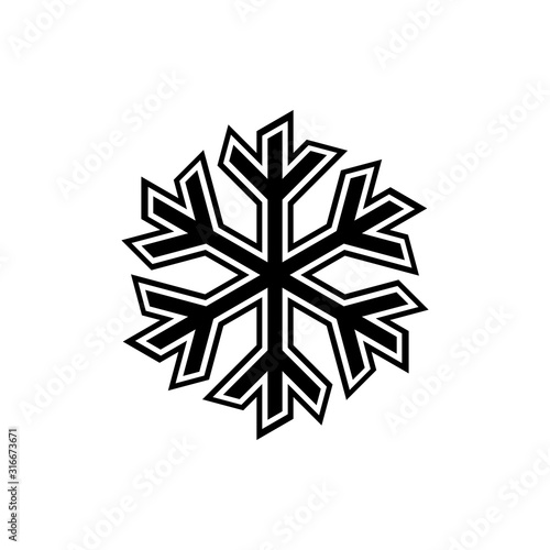 Black and white snowflake sign vector on white background.
