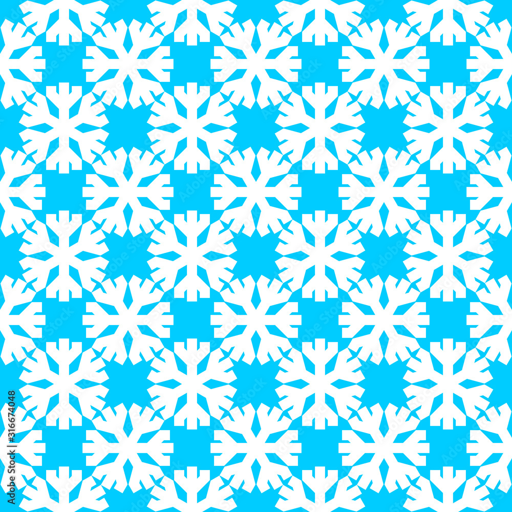 White snowflakes icon vector repeat pattern on blue background. White snowflakes icon vector repeat pattern on blue background.
