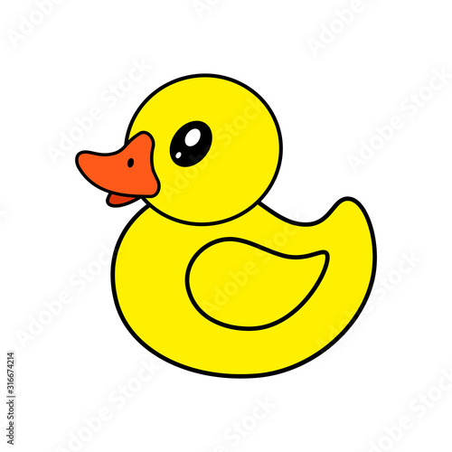 Yellow duck on white background. Rubber toy. Isolated vector illustration.