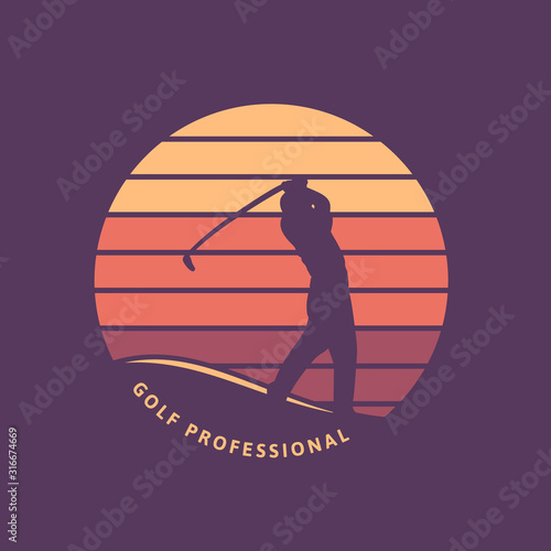 Golf professional vintage retro logo template with silhouette and sunset