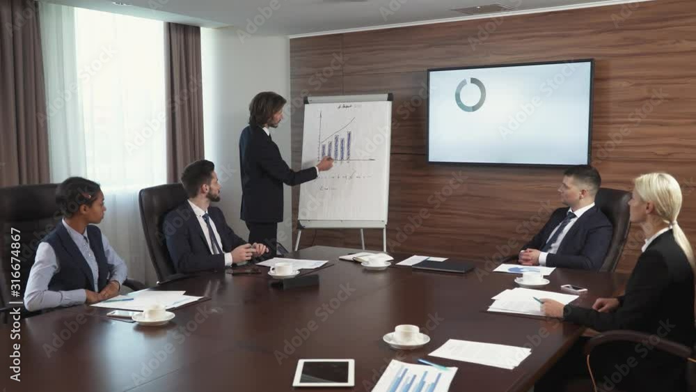 Business meeting, a young businessman speak at a meeting and shows financial infographic in the conference room, man in a suit communicates with colleagues, infographics on tv screen. Business meeting, a young businessman speak at a meeting and shows financial infographic in the conference room, man in a suit communicates with colleagues, infographics on tv screen.
