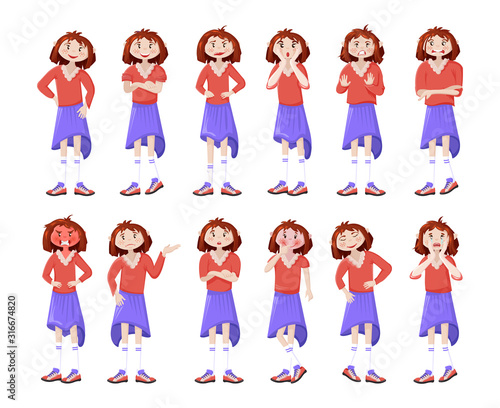 Woman character emotions set. Women facial emotion, girl in various poses, facial expressions vector. Fear anger embarrassment sadness resentment anger disgust surprise contempt tendernesses