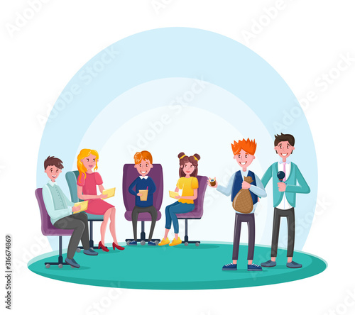 Lotto television game concept. Presenter and his assistant, who take barrels with numbers out of the bag, the participants strike out fields in cards with pencil cartoon vector illustration