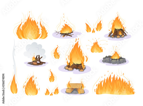 Firewood boards, bonfire of branches and logs, fire burning wooden logs, flaming and extinct fire bonfire and coals. Wood material branches, planks, logs, boards. Outdoor camping cartoon vectors