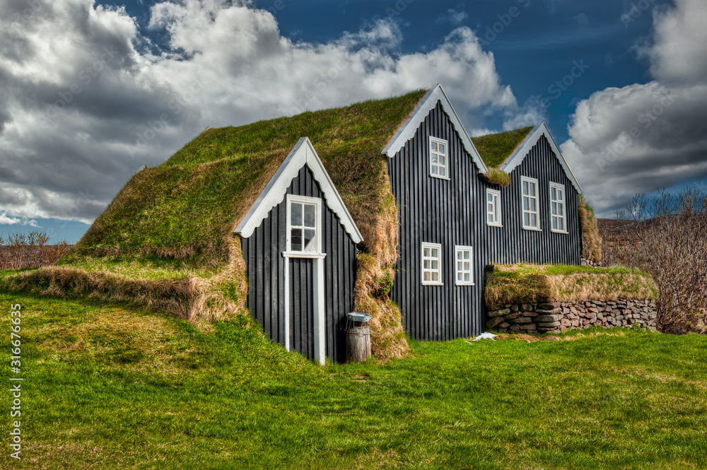 Typical view of turf-top houses in Icelandic countryside. Typical view of turf-top houses in Icelandic countryside.