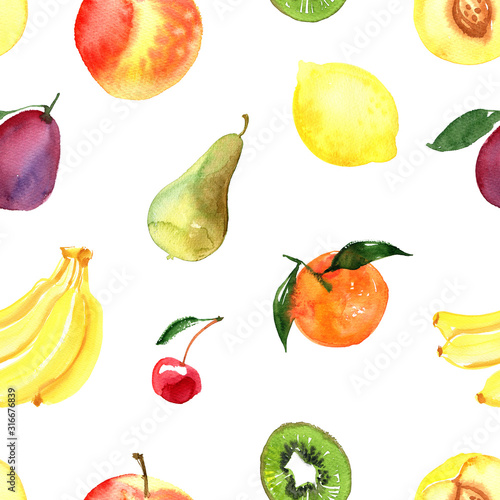 Pattern of fruit painted with watercolor on a white background. Orange, mandarin, pomegranate, berries, pear, plum, banana. A colored sketch of fruits.