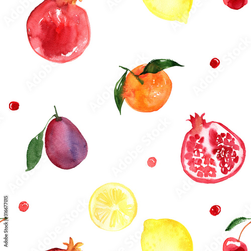 Fototapeta Naklejka Na Ścianę i Meble -  Pattern of fruit painted with watercolor on a white background. Orange, mandarin, pomegranate, berries, pear, plum, banana. A colored sketch of fruits.
