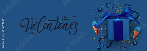 Happy Valentine's Day. Horizontal banner, header template for the website. Romantic realistic design elements, gift box, metal hearts strewn with sparkles confetti. Handwritten calligraphy lettering.