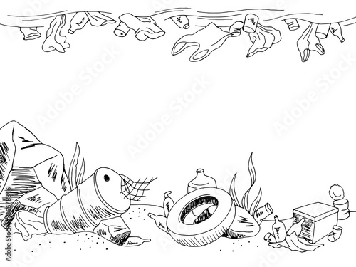 Trash underwater ecology problem graphic black landscape sketch illustration vector