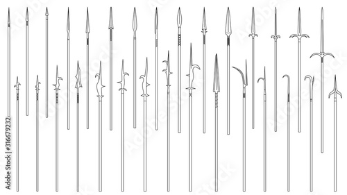 Set of simple monochrome images of medieval spears and halberds drawn by lines. photo