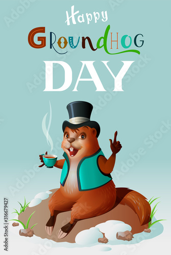 Happy groundhog day greeting card template lettering text. Cute groundhog in hat drinks invigorating coffee
